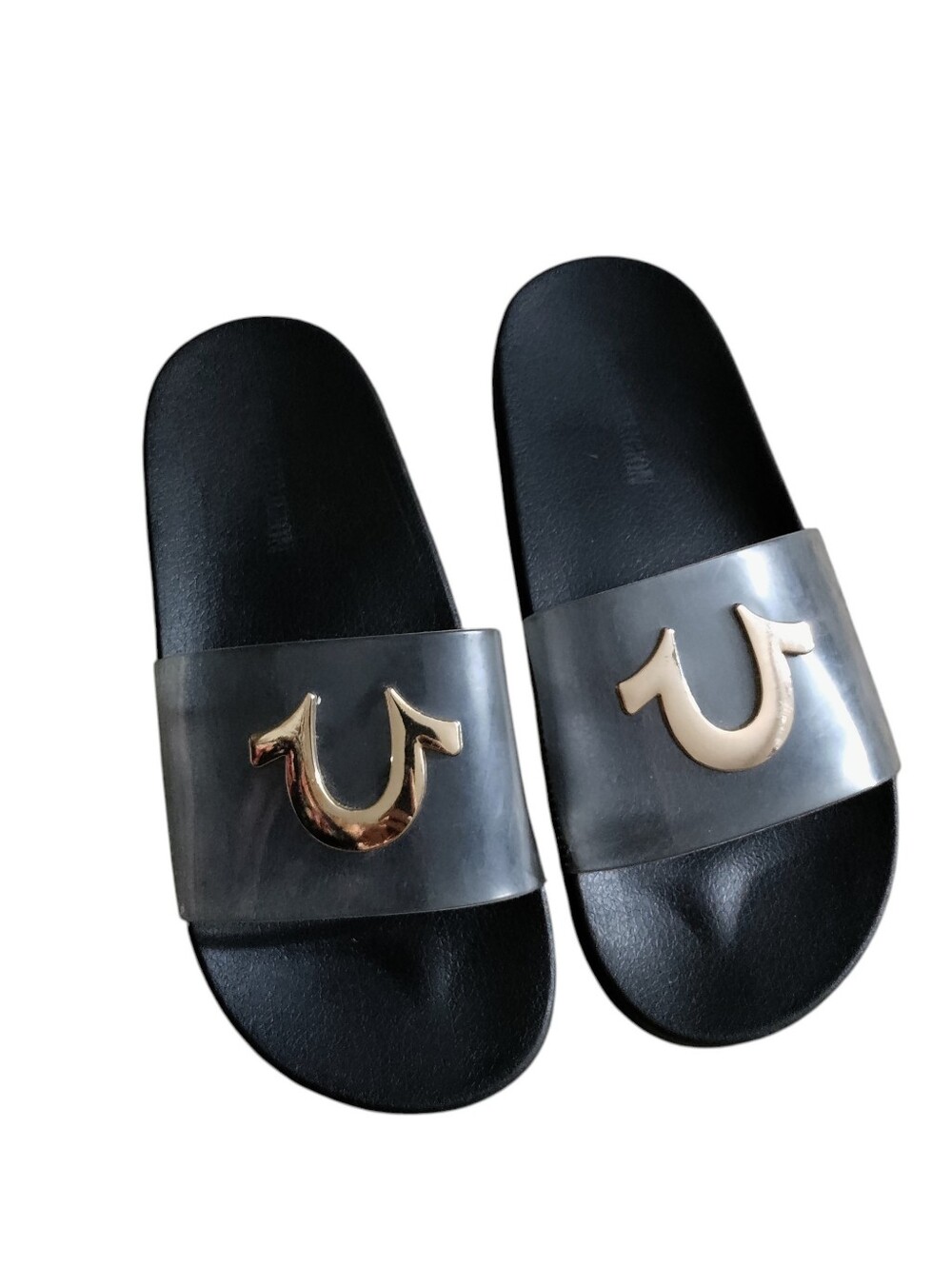True Religion Elle Slide Sandals Clear Black Horseshoe Logo Gold